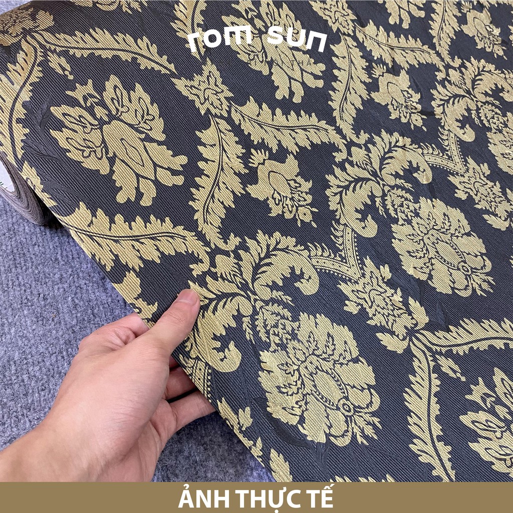 Giấy dán tường phòng ngủ khổ 60cm 1m2 hoa văn 3D, Decal miếng dán tường trang trí nhà cửa vàng đen vintage