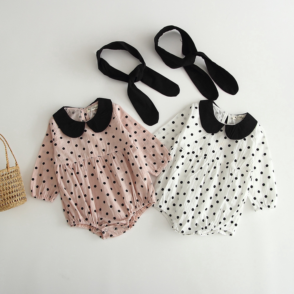 Set jumpsuit tay dài hoạ tiết chấm bi + băng đô cài tóc cho bé gái