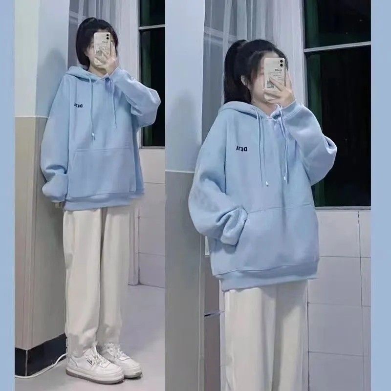 Áo Hoodie Màu Xanh Dương Thiết Kế Đơn Giản Thời Trang Cho Nữ