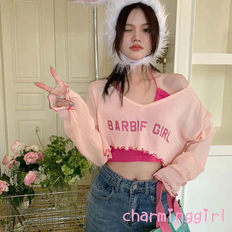 Set Đồ 2 Món Áo Croptop Tay Dài Cổ Yếm In Chữ Thời Trang Cho Nữ