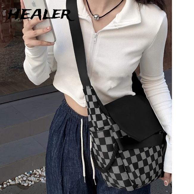 Yohoo!/ Mát Mẻ Sa INS Túi canvas Đeo Chéo Đi Học Họa Tiết Caro Xám Đen Đa Năng Phong Cách Nhật Bản Cho Nam Và Nữ