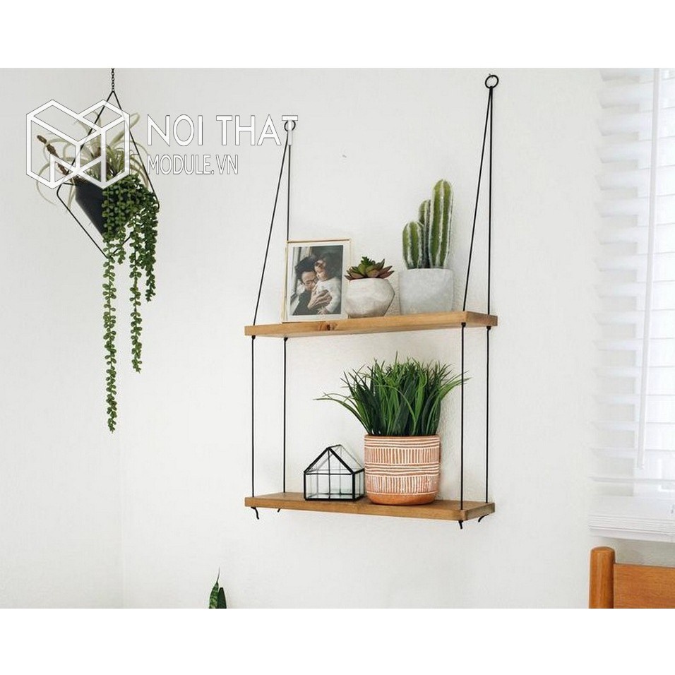 Kệ decor dây thừng treo cây cảnh, đồ trang trí đẹp gỗ thông tự nhiên.