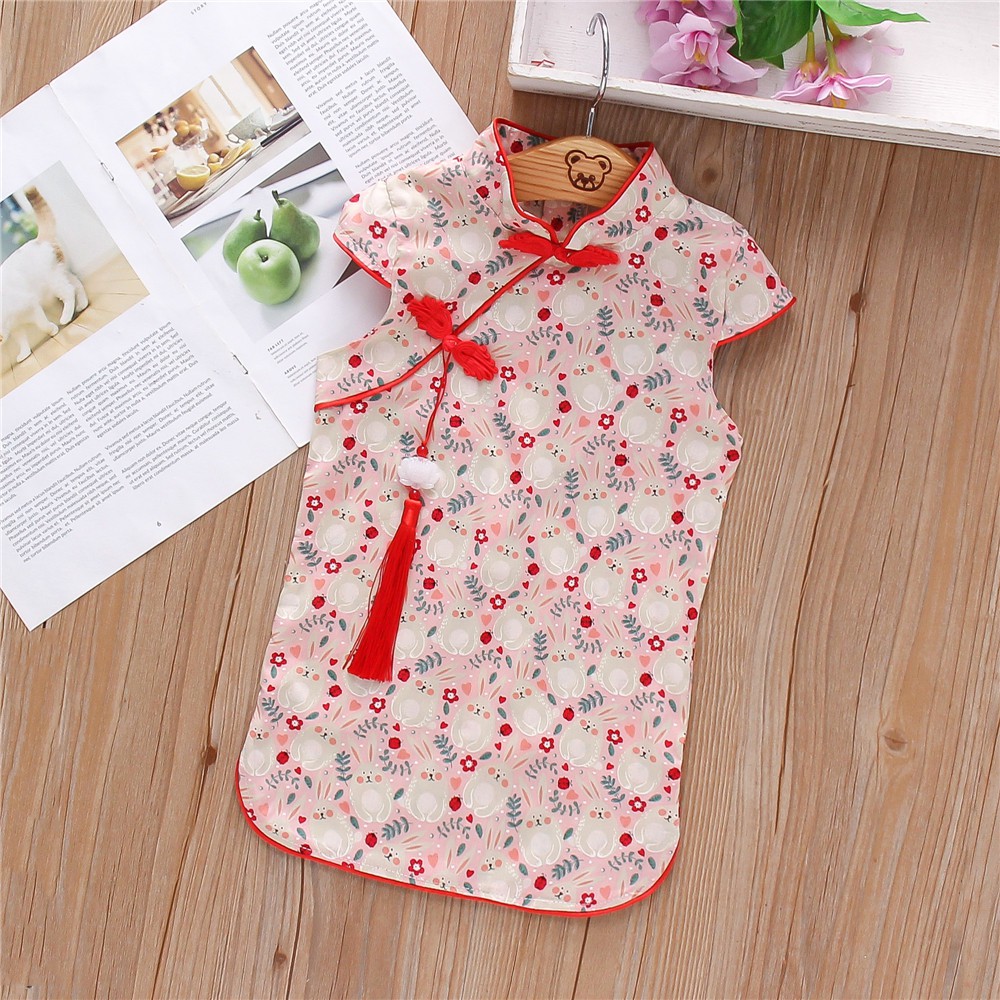 Đầm Sườn Xám In Họa Tiết Con Thỏ Dễ Thương Dành Cho Bé Gái