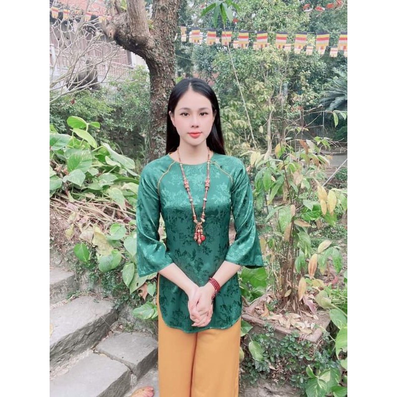 Bộ lam đi chùa đủ size áo bà ba lụa gấm loại 1 mềm mịn
