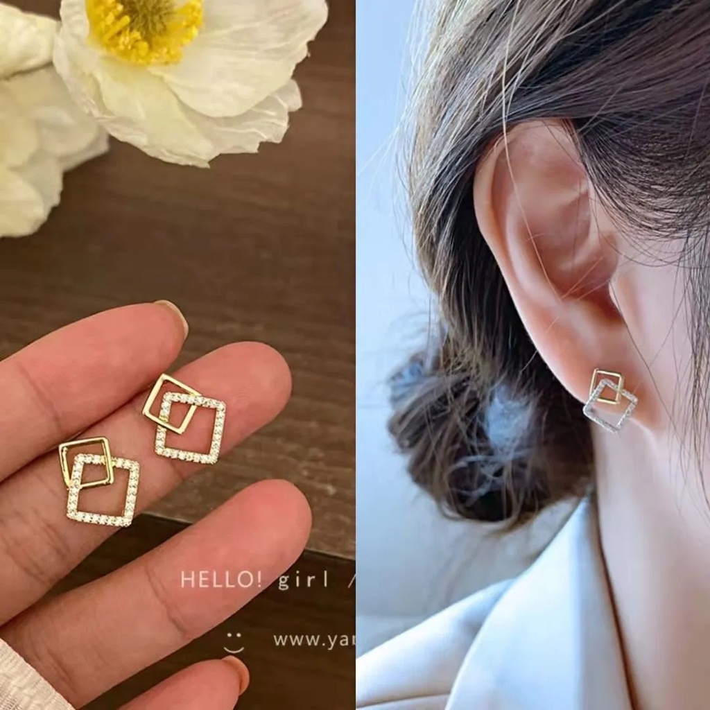 Khuyên Tai Nữ Dáng Vuông Đính Đá Nhân Tạo Chuôi Bạc 925 V1.25