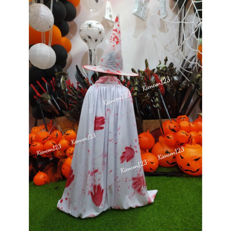 Set áo choàng phù thủy kèm nón màu trắng máu. Hoá trang Halloween