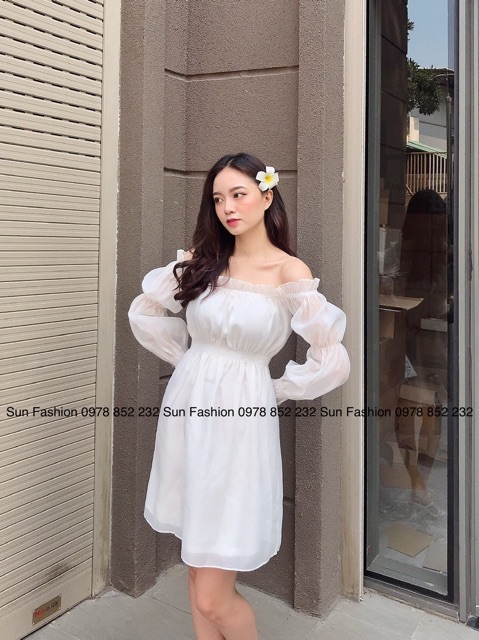 Đầm trễ vai tay dài chất liệu voan tơ 2 lớp mềm mại, màu trắng tinh khôi,nhẹ nhàng chụp ảnh kỉ yếu,prom cuối năm