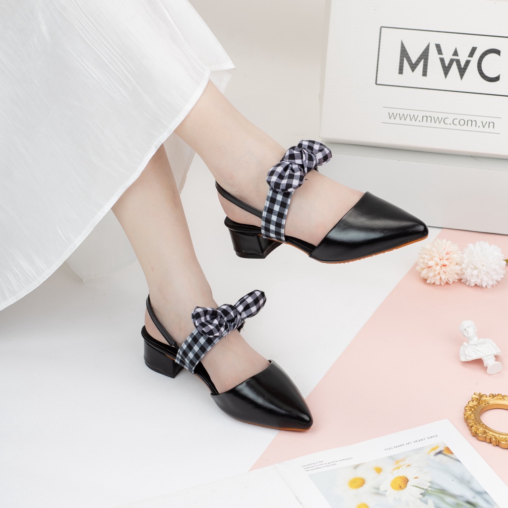 Giày MWC 3693 - Giày Cao Gót 3cm Mũi Nhọn Da Trơn, Giày Bít Mũi Quai Đính Nơ