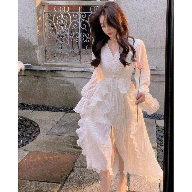 Đầm Nữ Màu Trắng Cà Phê Phong Cách Thời Trang Pháp Trẻ Trung Xinh Xắn