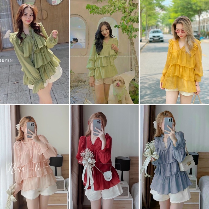 Sẵn set áo xanh bèo tay phồng xếp ly với quần ngắn short