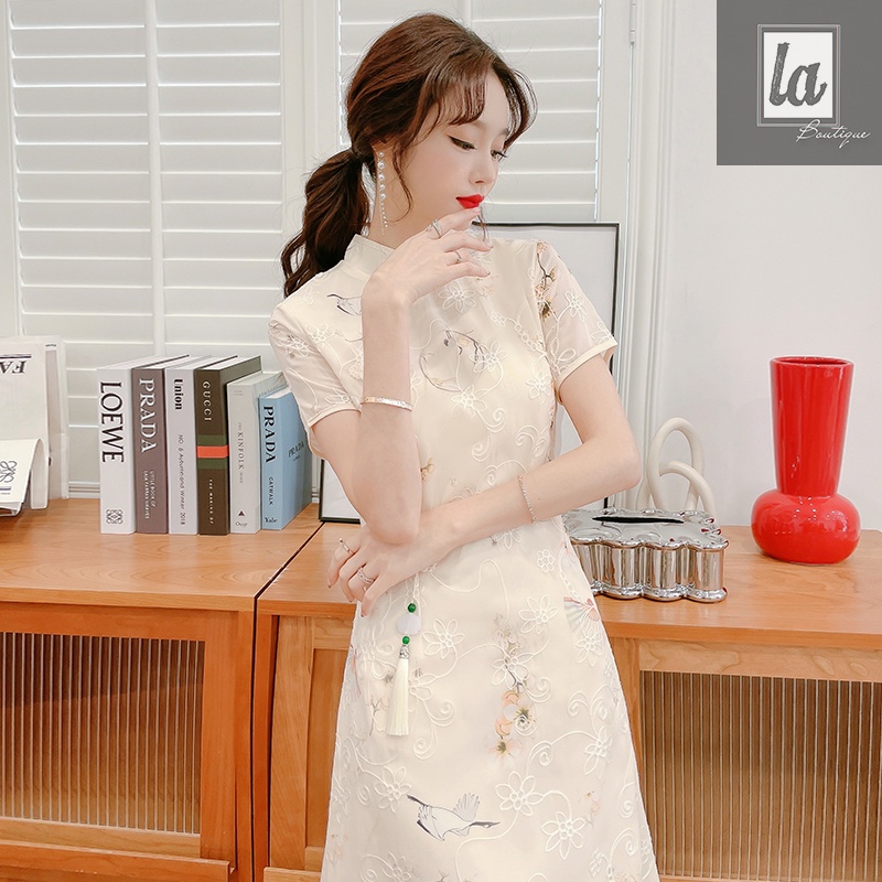 (ORDER) Sườn xám cách tân họa tiết chim hạc bigsize 45kg - 95kg
