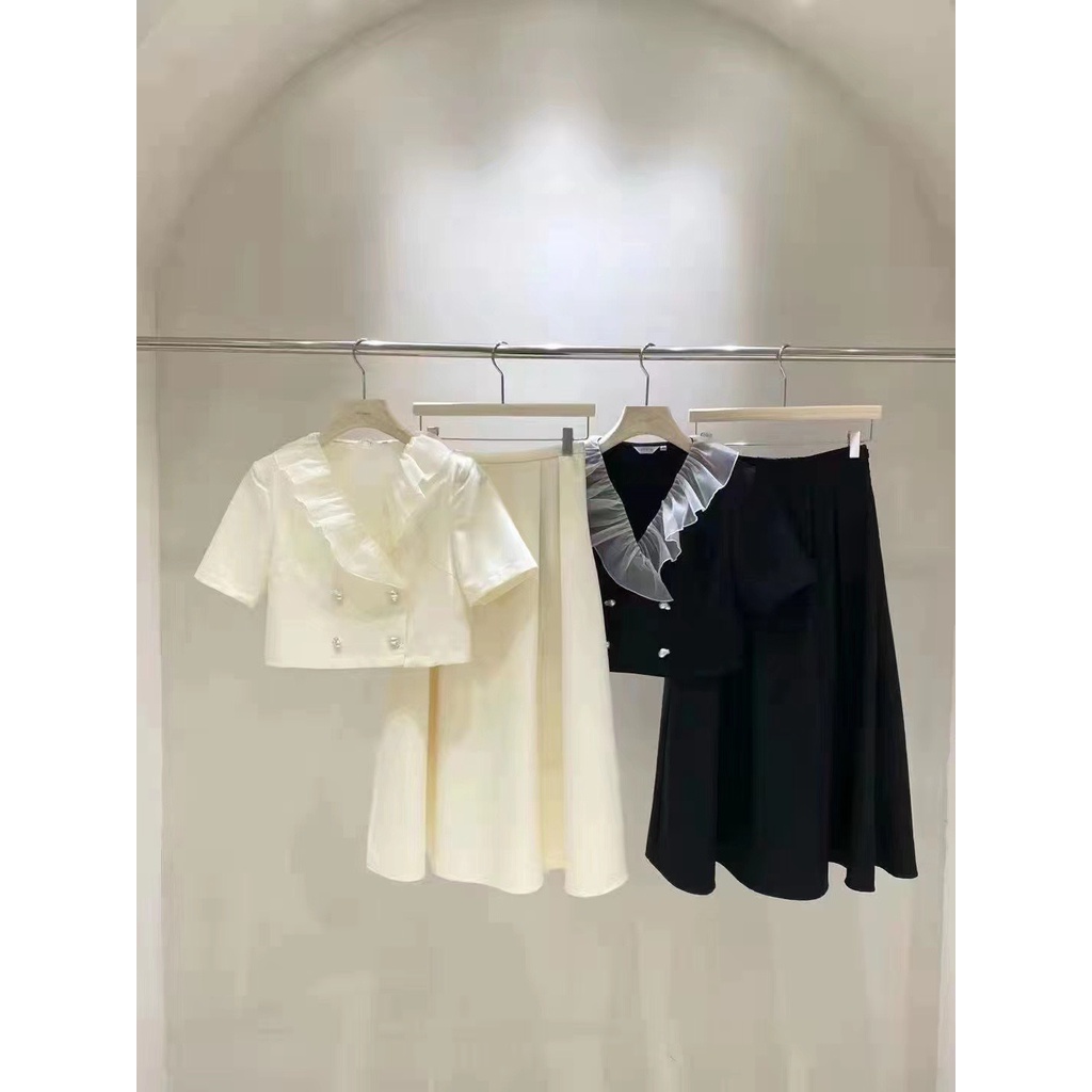 Set công sở Pandara nữ, bộ váy trơn dài áo croptop điệu đà