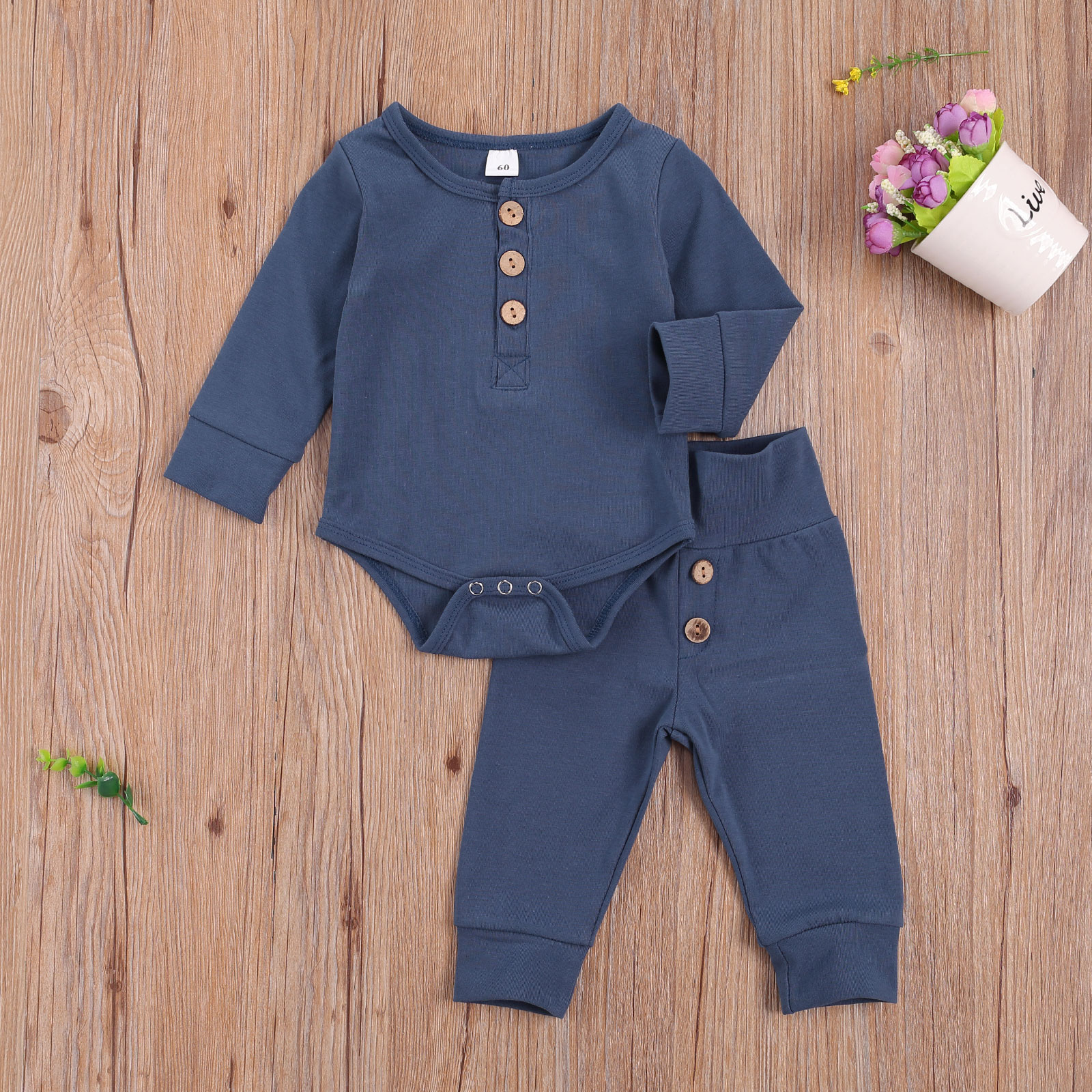 Set Jumpsuit Tay Dài Phối Nút + Quần Dài Cho Trẻ Sơ Sinh