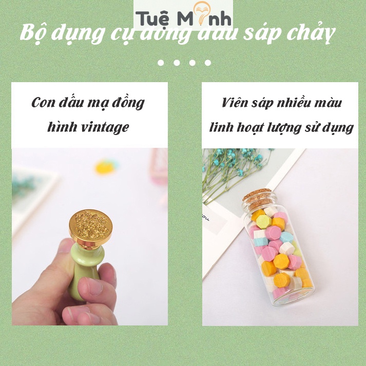 Bộ dụng cụ đóng dấu sáp chảy D08 phong cách cô điển niêm phong VPP Tuệ Minh, trang trí bullet journal con sáp vintage