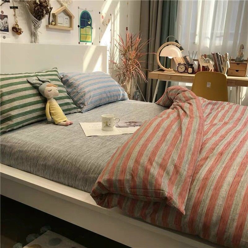 Bộ chăn ga cotton poly Kẻ Ngang Xước