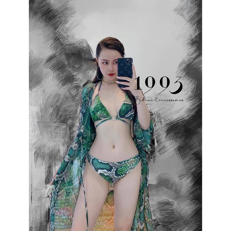 Bộ bơi nữ, bikini 2 mảnh da rắn sexy kèm áo cadigan