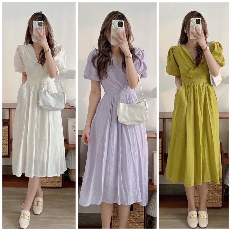 [SẴN/VIDEO] VÁY ĐẦM TƠ NHẮN CỔ V TAY BỒNG NHẸ NHÀNG TIỂU THƯ VARE DRESS