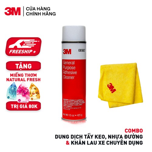 Tặng miếng thơm - Combo Dung dịch tẩy keo, nhựa đường 3M 08987 425g + Khăn lau xe hơi chuyên dụng 3M 50400