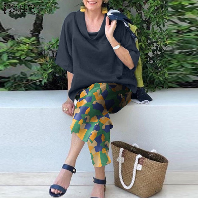 Zanzea Set Áo Cổ Lọ Tay Lỡ Họa Tiết Hình Học Kèm Quần Dài Lưng Thun Cao Thời Trang