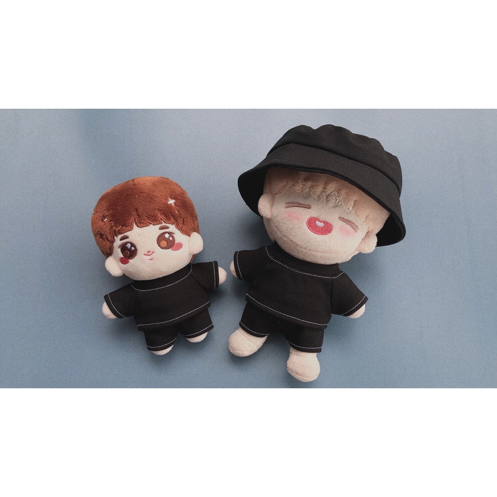 Bộ quần áo thun màu đen chỉ trắng cho doll 10cm 15cm 20cm