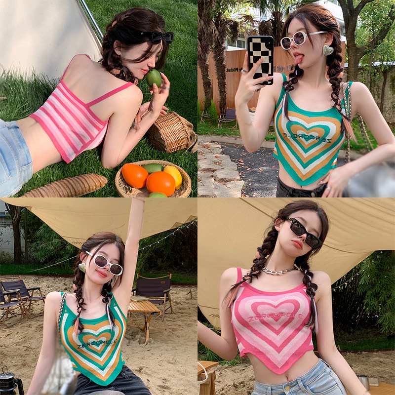 Áo Hai Dây Dệt Kim Màu Sắc Tương Phản Phong Cách Retro Hàn Quốc