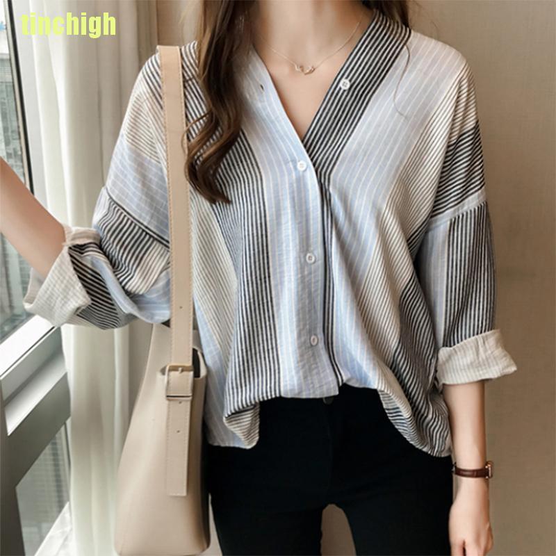 Áo Sơ Mi Tay Dài Kẻ Sọc Phong Cách Hàn Quốc Cho Nữ