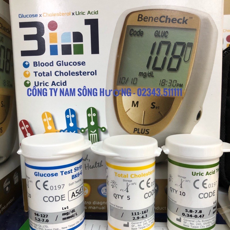 [BH TRỌN ĐỜI] Máy Đo Đường Huyết tiểu đường 3in1 3 Trong 1 Benecheck Plus đo Đường, Mỡ Máu cholesterol,axit uric Gout