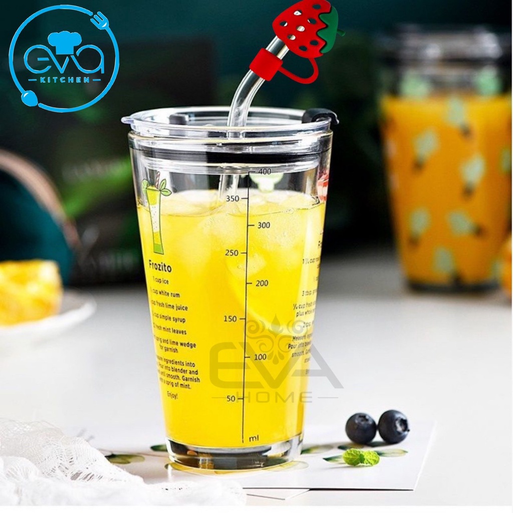 Ly Cốc Thuỷ Tinh Chia Vạch Hoạt Hình 450 Ml Kèm Ống Hút Nắp Silicone 3D Hoạt Hình Ngỗ Nghĩnh SP4728