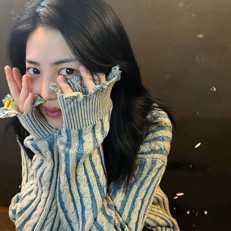 ♤❒✺Áo Sweater Dệt Kim Dáng Ôm Kẻ Sọc Kiểu Retro Âu Mỹ Thời Trang Thu Đông 2021