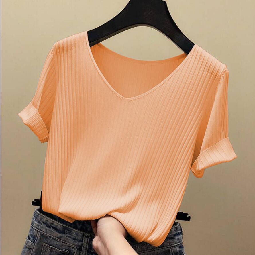 Fashion V-Neck Ice Silk Knitwear Versatile Slim Fit T-Shirt Ladies Tops