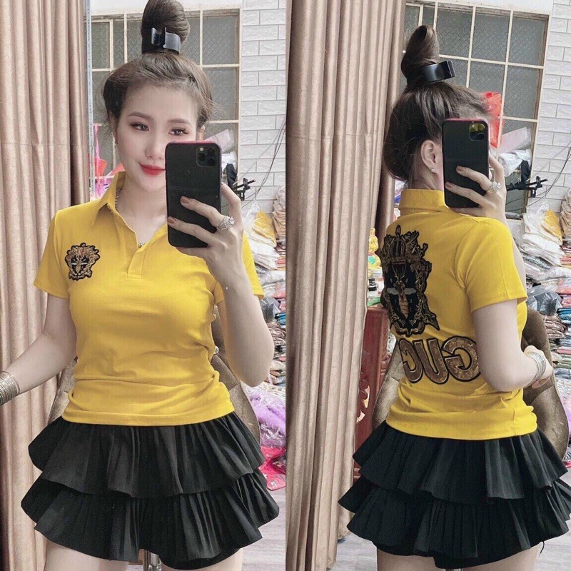 áo thun nữ cổ bẻ phối kim sa mẫu mới 2021