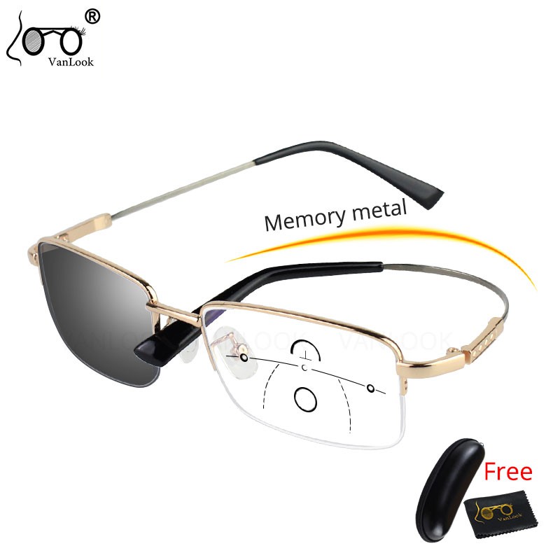 Kính Đọc Sách Đa Năng Photochromic Chống Tia Sáng Xanh Gọng Hợp Kim Nửa Gọng Màu Vàng Kim Loại Cho Nam Và Nữ
