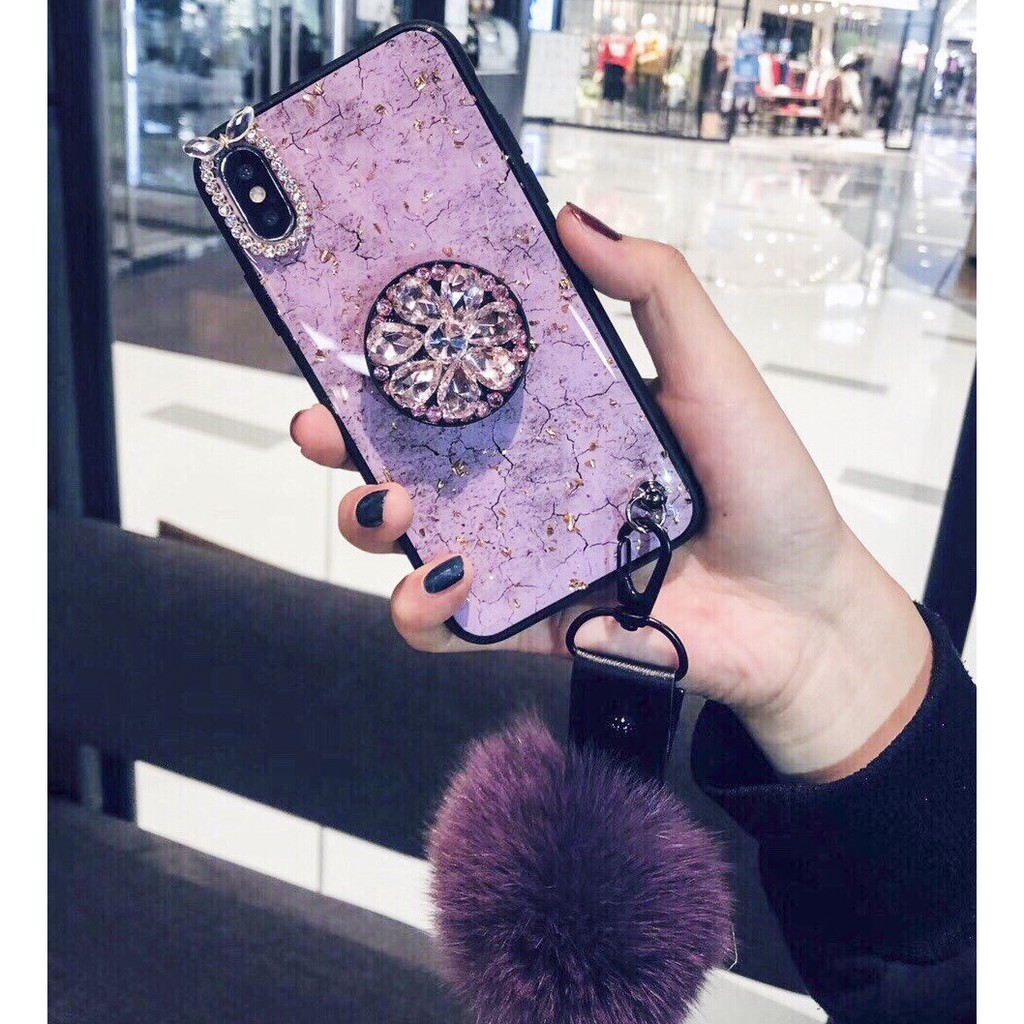 Ốp Nhũ Móc Bông-Kèm POPSOCKET Đính Đá Sang Trọng