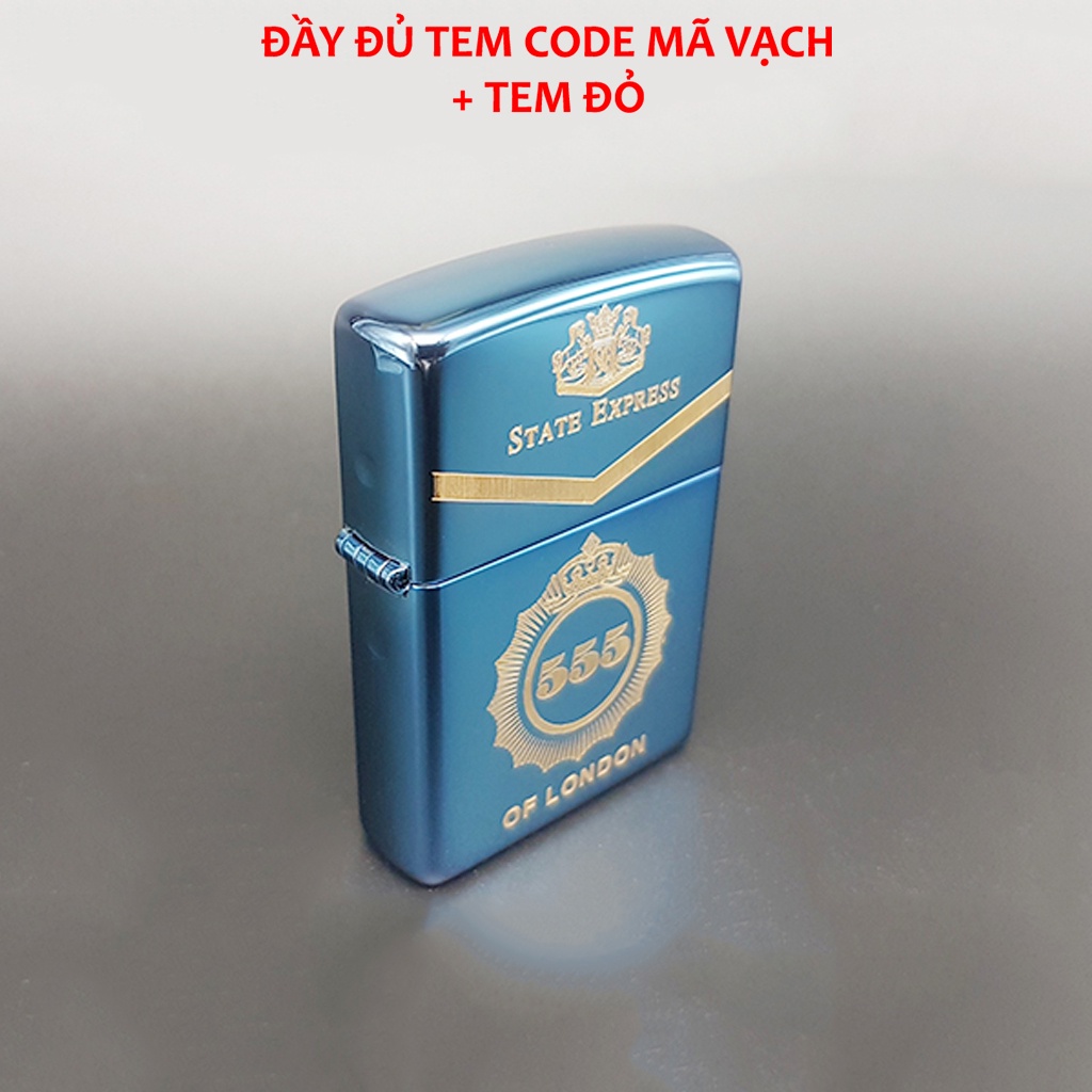 Bật zippo xanh, hộp quẹt Sapphire khắc 555 vỏ dày hàng chuẩn Mỹ- KenZ