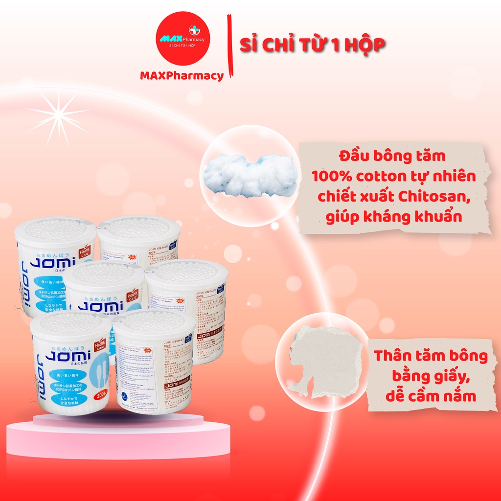 10 HỘP Tăm Bông Ngoáy tai Kháng khuẩn JOMI người lớn 1 đầu tròn 1 đầu xoắn 200 cây - Maxpharmacy
