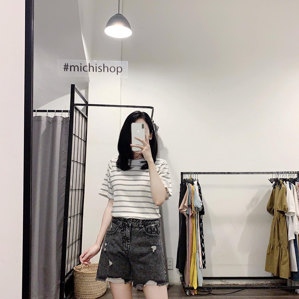 Quần short jean rách cạp cao màu xám khói xuất xịn - 79Q09
