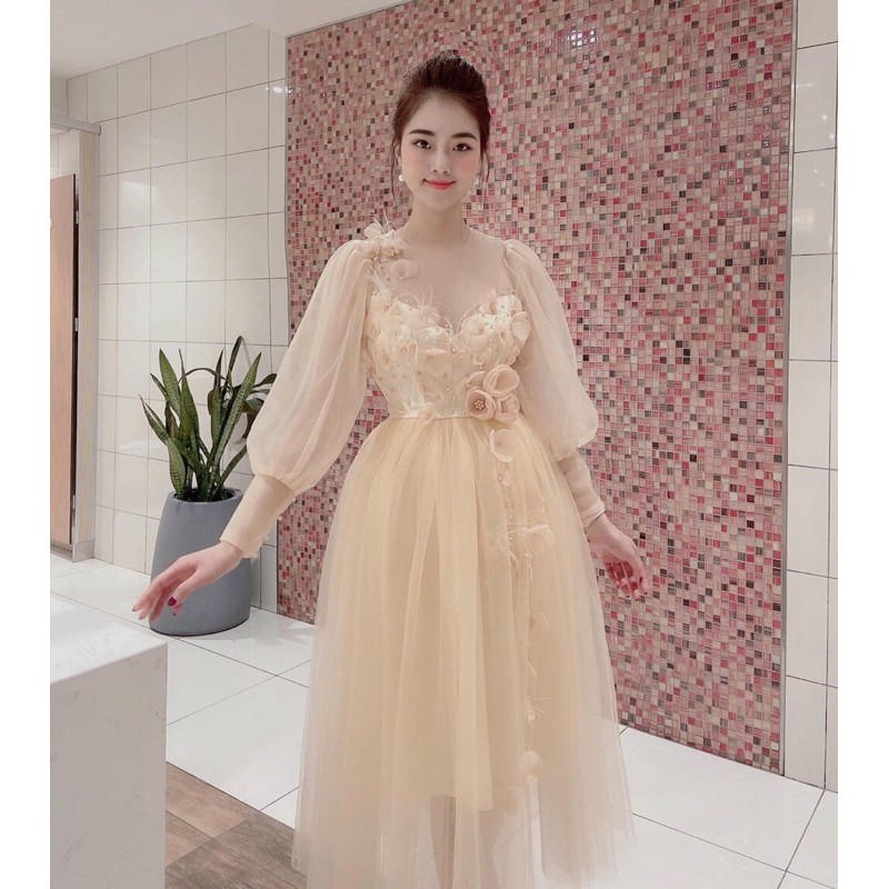 Đầm xoè tay phồng kết hoa phối lông công