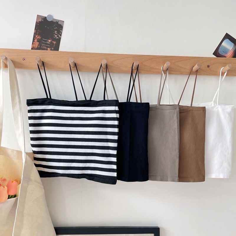 Áo Ống Hai Dây Dệt Kim Mỏng Màu Trơn Có Đệm Ngực Với Họa Tiết Kẻ Sọc Cho Nữ