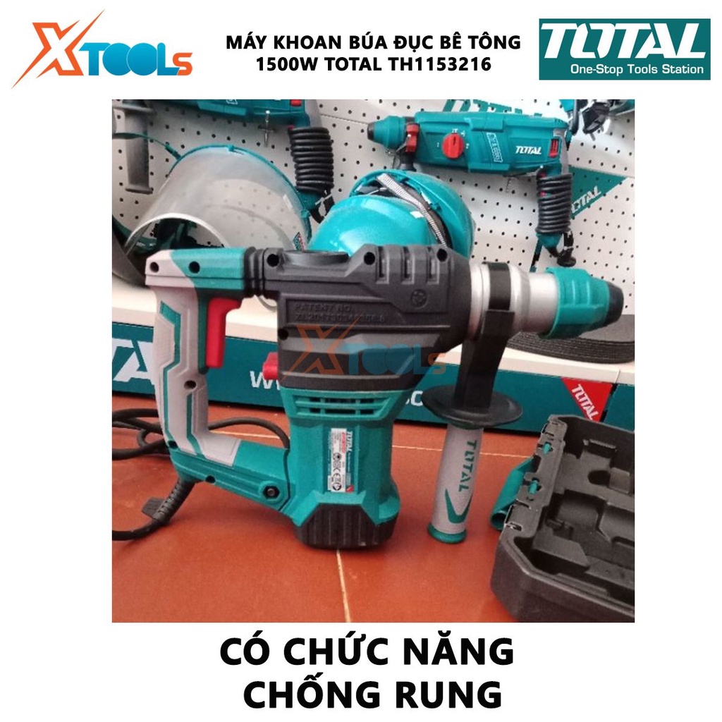 Máy khoan búa cầm tay 1500w TOTAL TH1153216 tốc độ 850rpm, tốc độ búa 4400bpm, lực đập 5.5j, khả năng khoan bê tông 32mm