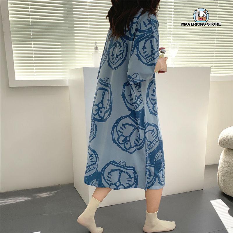 Đầm ngủ tay ngắn dáng rộng in hình mèo dễ thương thời trang mùa hè cho nữ