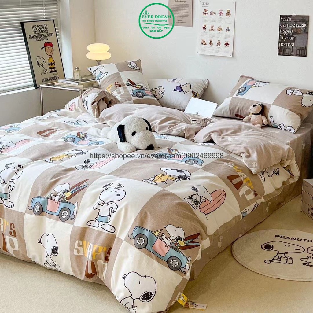 (+Quà Tặng) Chăn ga gối Chú chó Snoopy 4 món Everdream 233 hàng nhập khẩu, 100% cotton living cao cấp, đủ mọi kích thước
