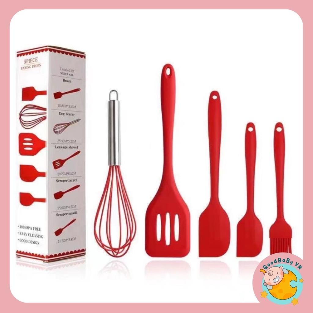 Bộ thìa nấu ăn,dụng cụ làm bánh cho bé nhà bếp 5 chi tiết silicon chịu nhiệt Goodbabyvn