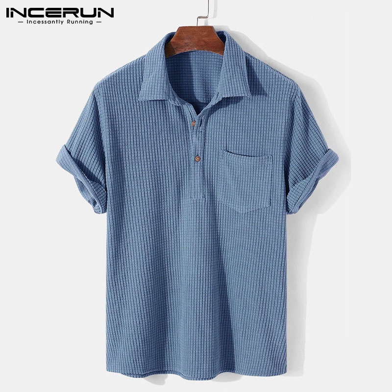 Áo Sơ Mi INCERUN Vải Nhung Kẻ Cổ Bẻ Ngắn Tay Màu Trơn Thời Trang Vintage Cho Nam