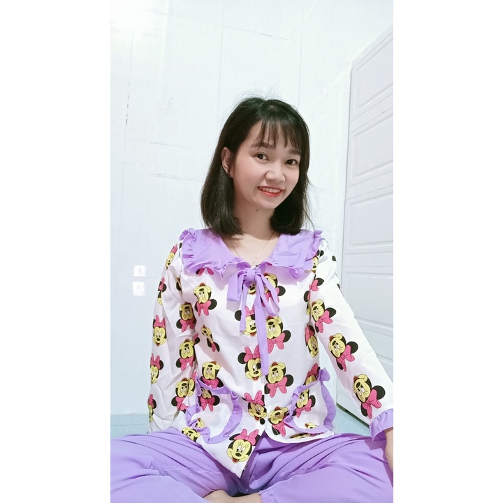 Bộ tiểu thư áo tay dài quần dài vải lụa hàn mặc nhà