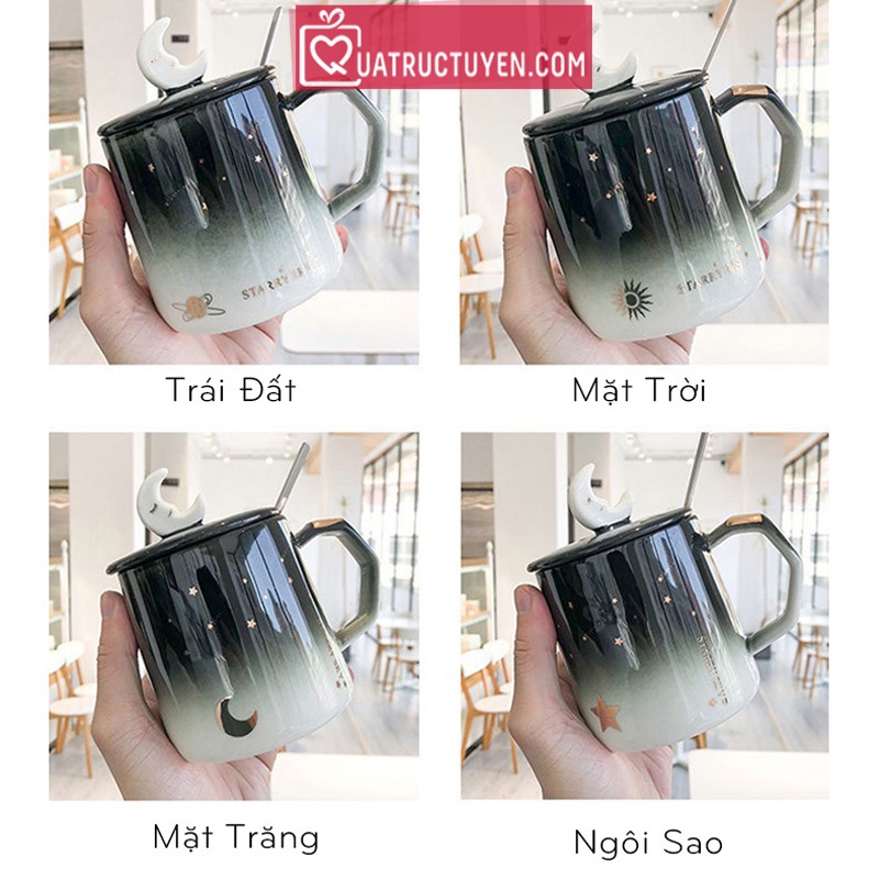 Cốc sứ có nắp Starry Sky dáng hiện đại 400ml kèm thìa (4 mẫu) - Quà sinh nhật bạn gái, đồng nghiệp