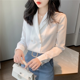Áo sơ mi nữ tay dài cổ chữ v thời trang công sở thanh lịch