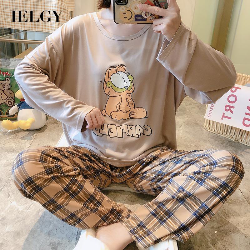 IELGY    Bộ Đồ Ngủ Tay Dài Dáng Rộng In Họa Tiết Hoạt Hình Dễ Thương Phong Cách Hàn Quốc Cho Nữ