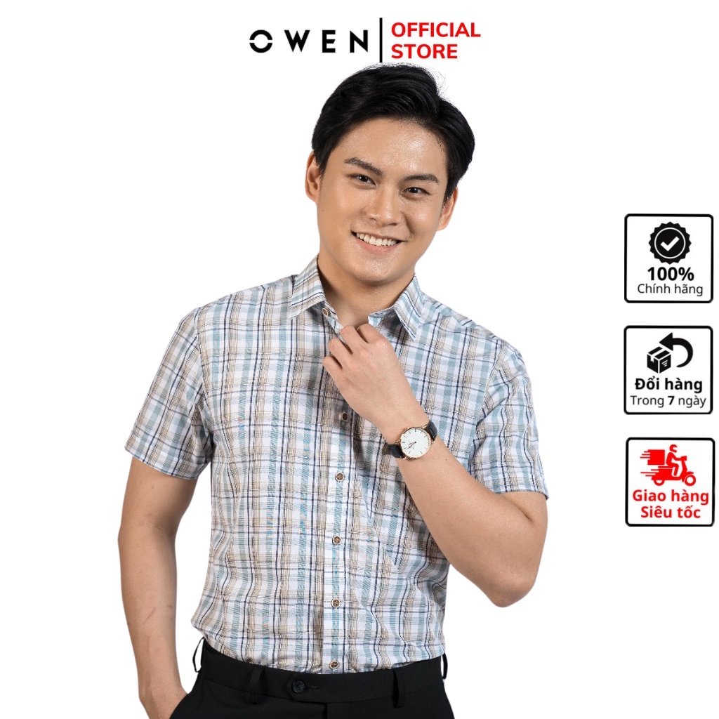 Áo sơ mi nam ngắn tay OWEN BA220425NT somi công sở vải sợi tre cao cấp trắng caro ghi be dáng suông tà bằng có túi
