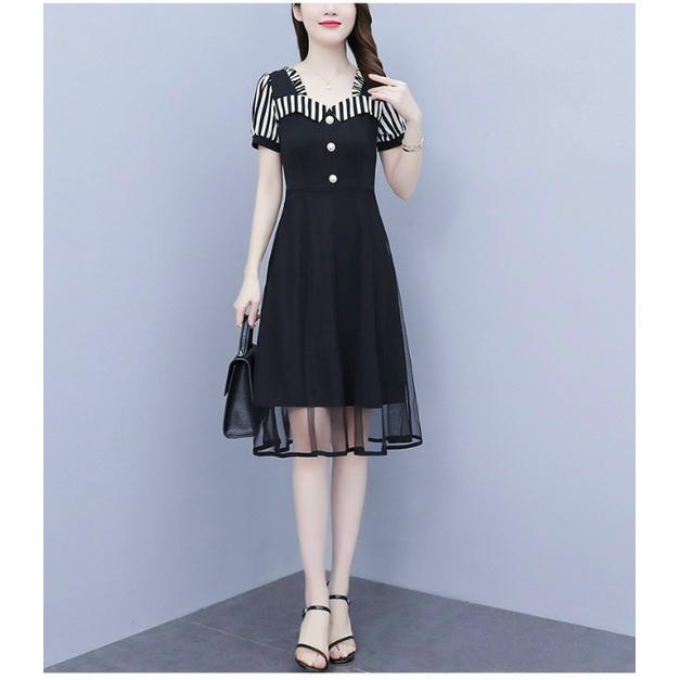 Váy đầm trung niên cho mẹ dự tiệc màu đen dáng xòe tay lỡ Linhnastore