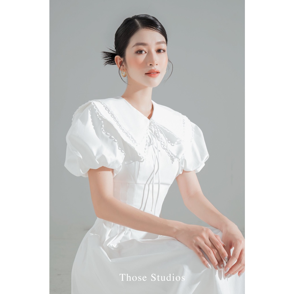 Đầm trắng nữ, Đầm thiết kế dài qua gối Those Studio tay phồng cổ bèo chít eo tôn dáng Jennifer Dress